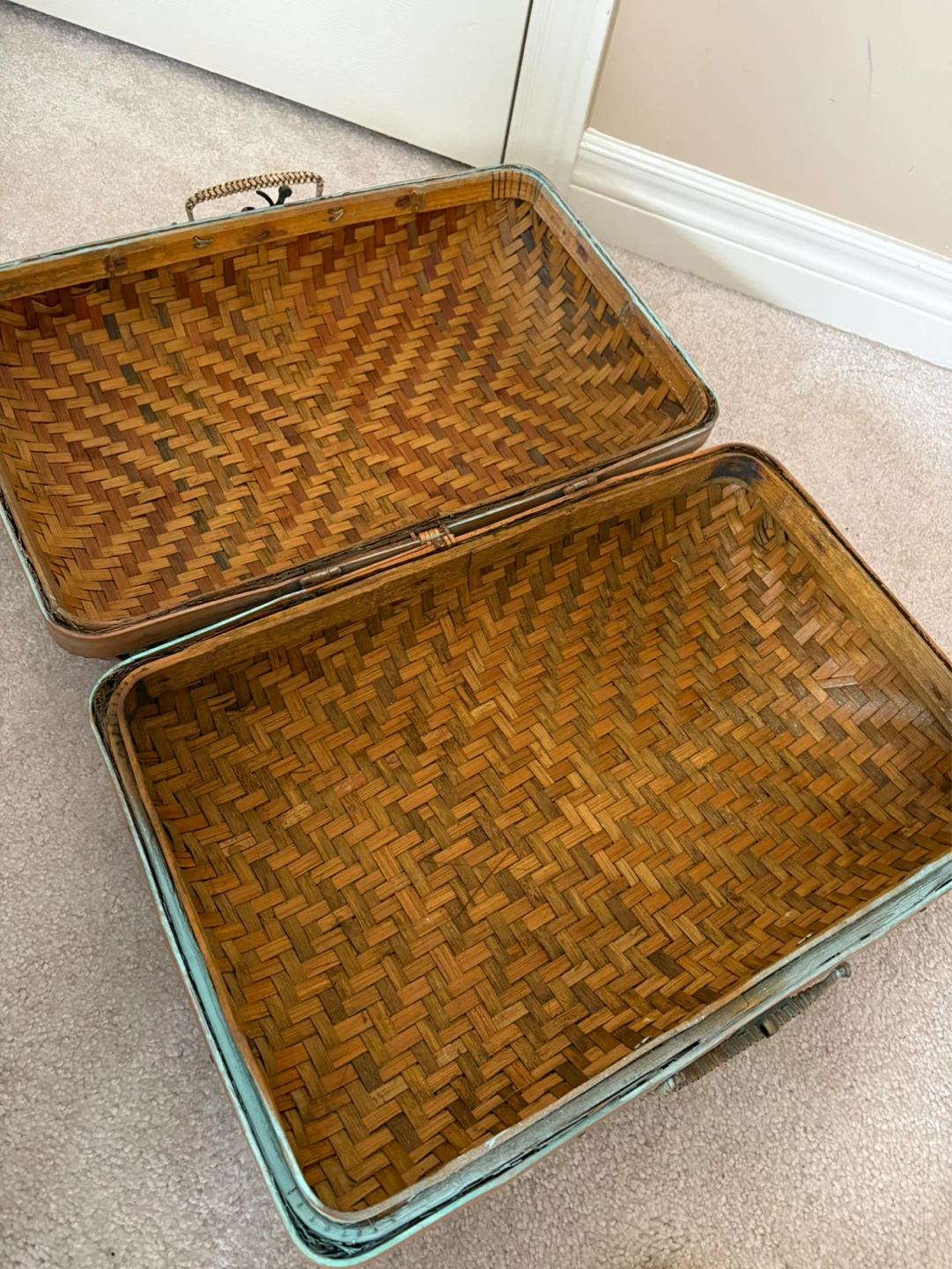Woven Basket Suitcase with Teal Distressed Finish - photo 3