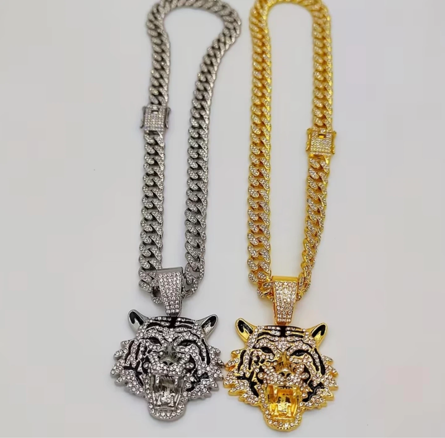 Tiger Head Pendant Necklace Set - Silver and Gold