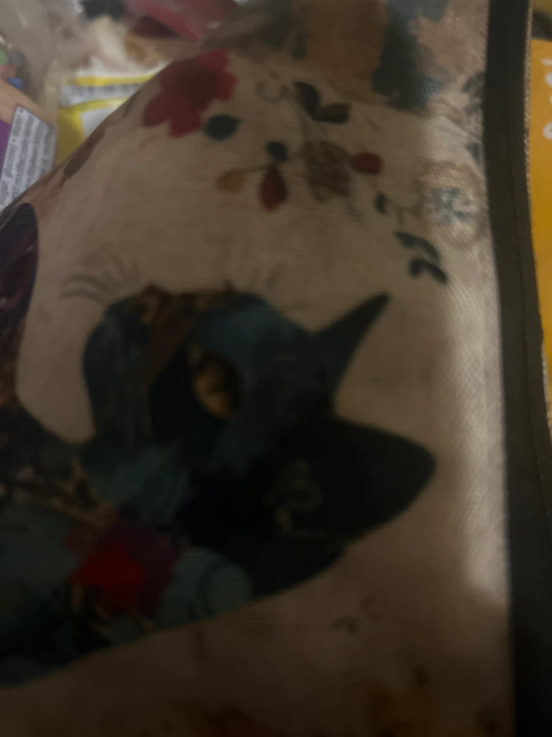 Tote Bag with Floral and Cat Print