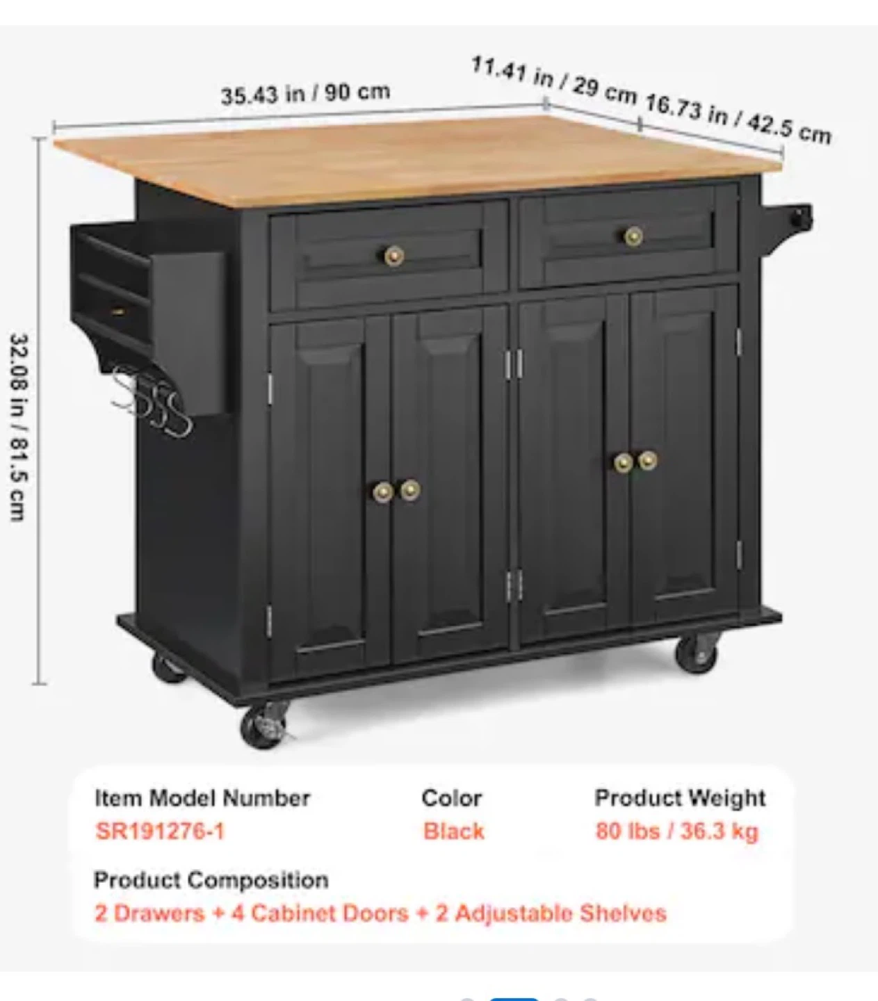 Black Kitchen Island Cart with Wood Top - SR191276-1