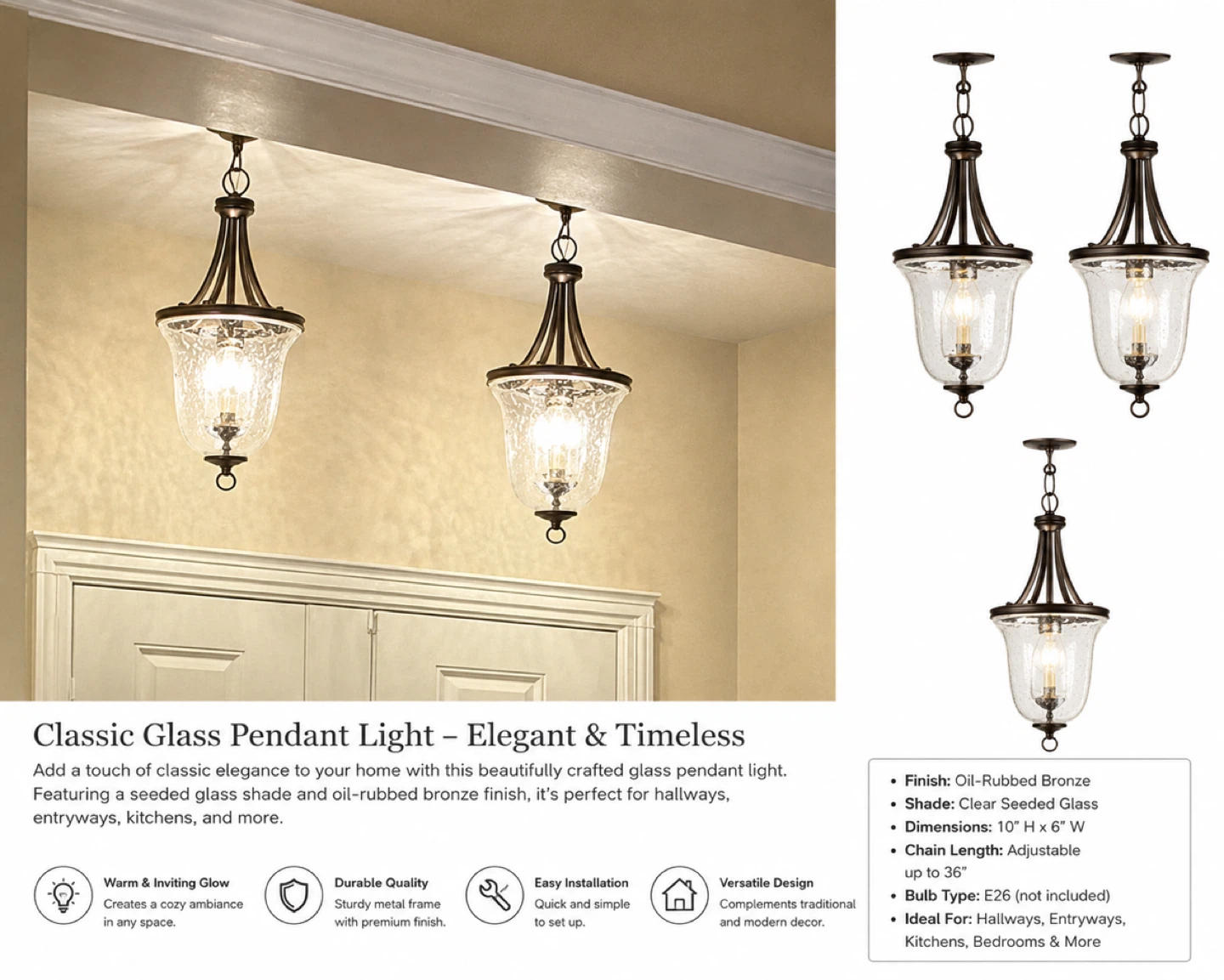 Classic Glass Pendant Light - Oil-Rubbed Bronze - photo 3