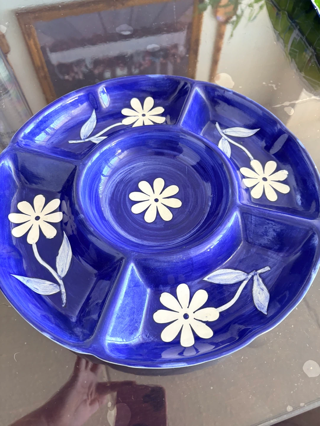 Blue Ceramic Divided Appetizer Plate with White Daisies