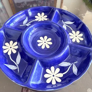 Blue Ceramic Divided Appetizer Plate with White Daisies