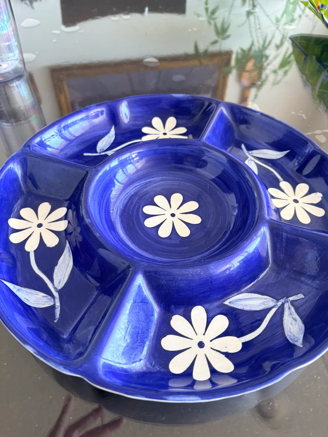 Blue Ceramic Divided Appetizer Plate with White Daisies - photo 2