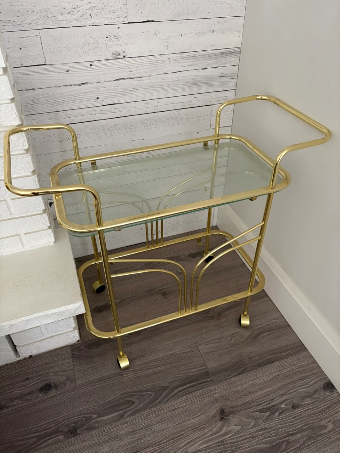 Vintage Gold Bar Cart with Glass Shelves - photo 2