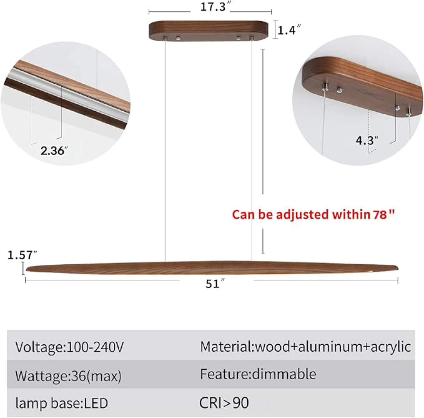 YISDESIGN 51" LED Dimming Fixture - Walnut Color - photo 2