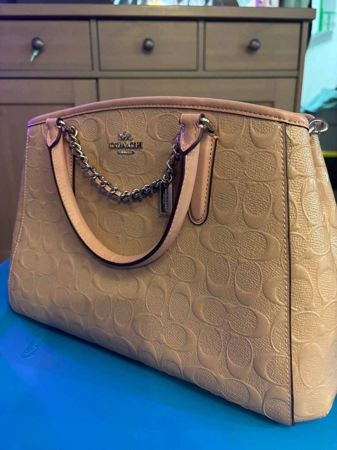 Coach Signature Embossed Leather Tote Bag - Beige