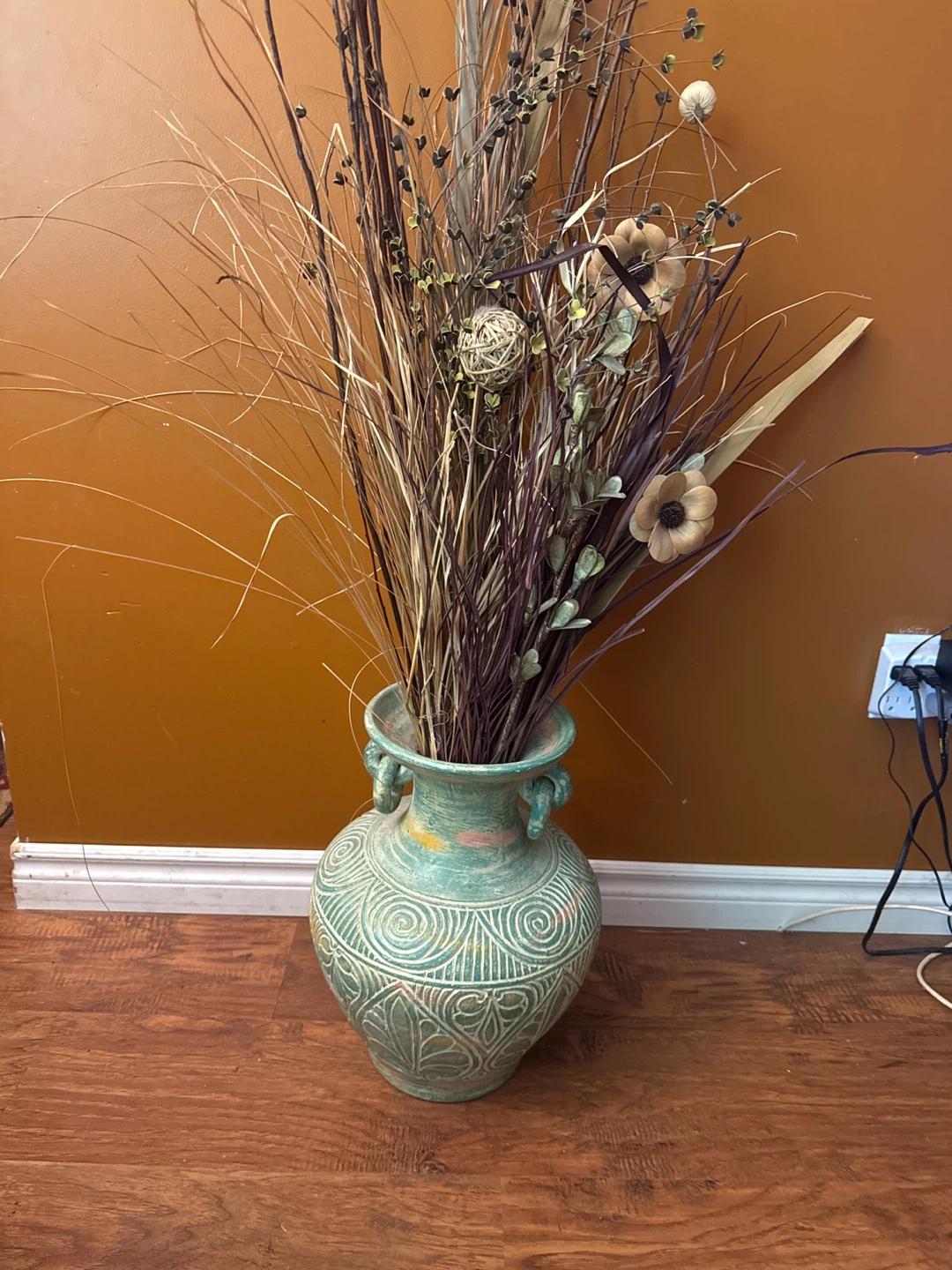 Decorative Dried Flower Arrangement in Teal Ceramic Vase