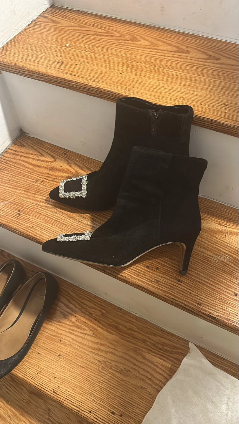 Black Suede Ankle Boots with Crystal Buckle - photo 2