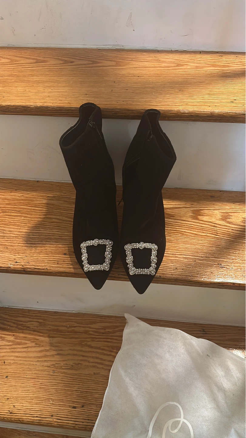 Black Suede Ankle Boots with Crystal Buckle