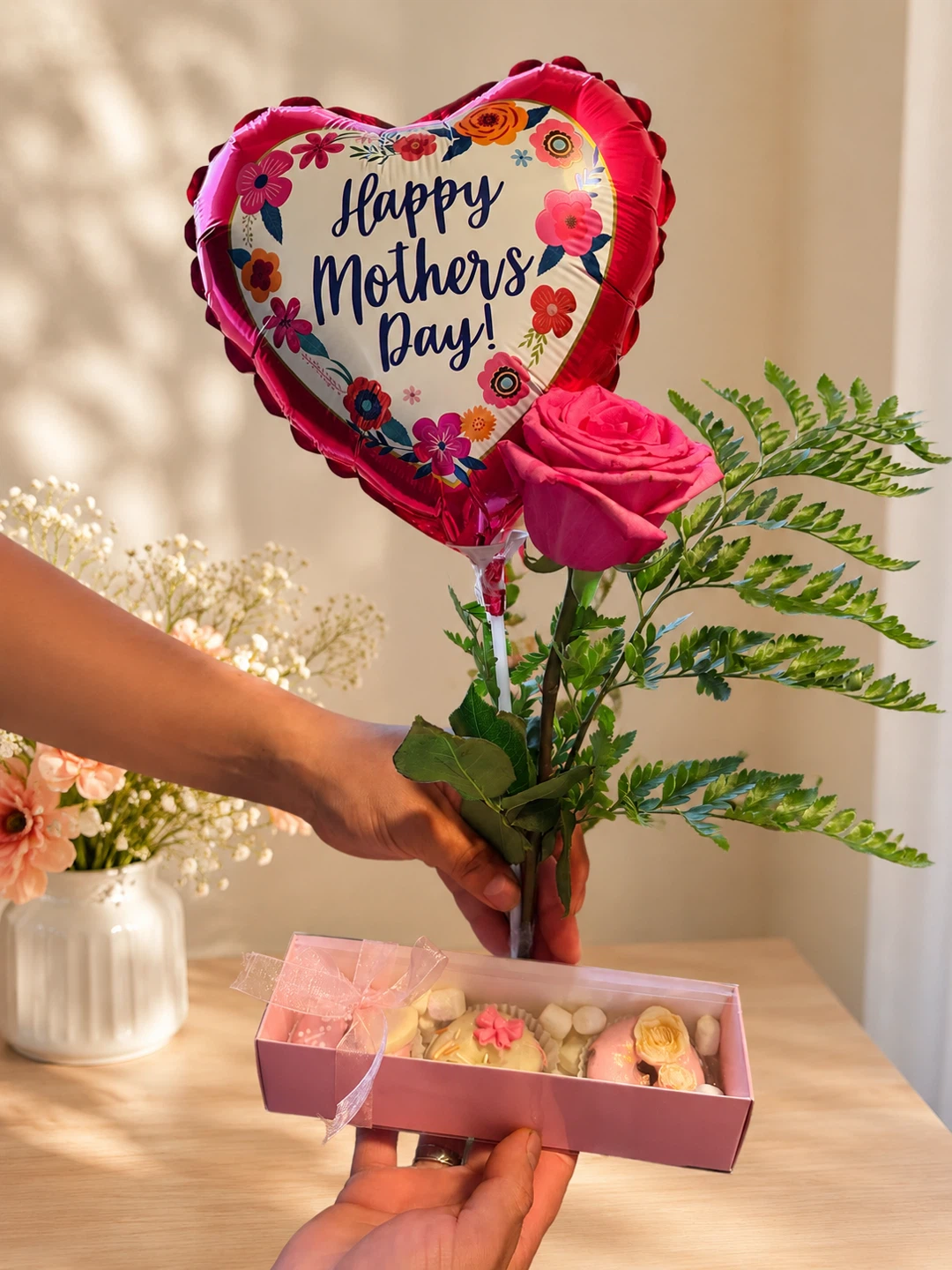 Happy Mother's Day Balloon with Flower and Chocolates Gift Set