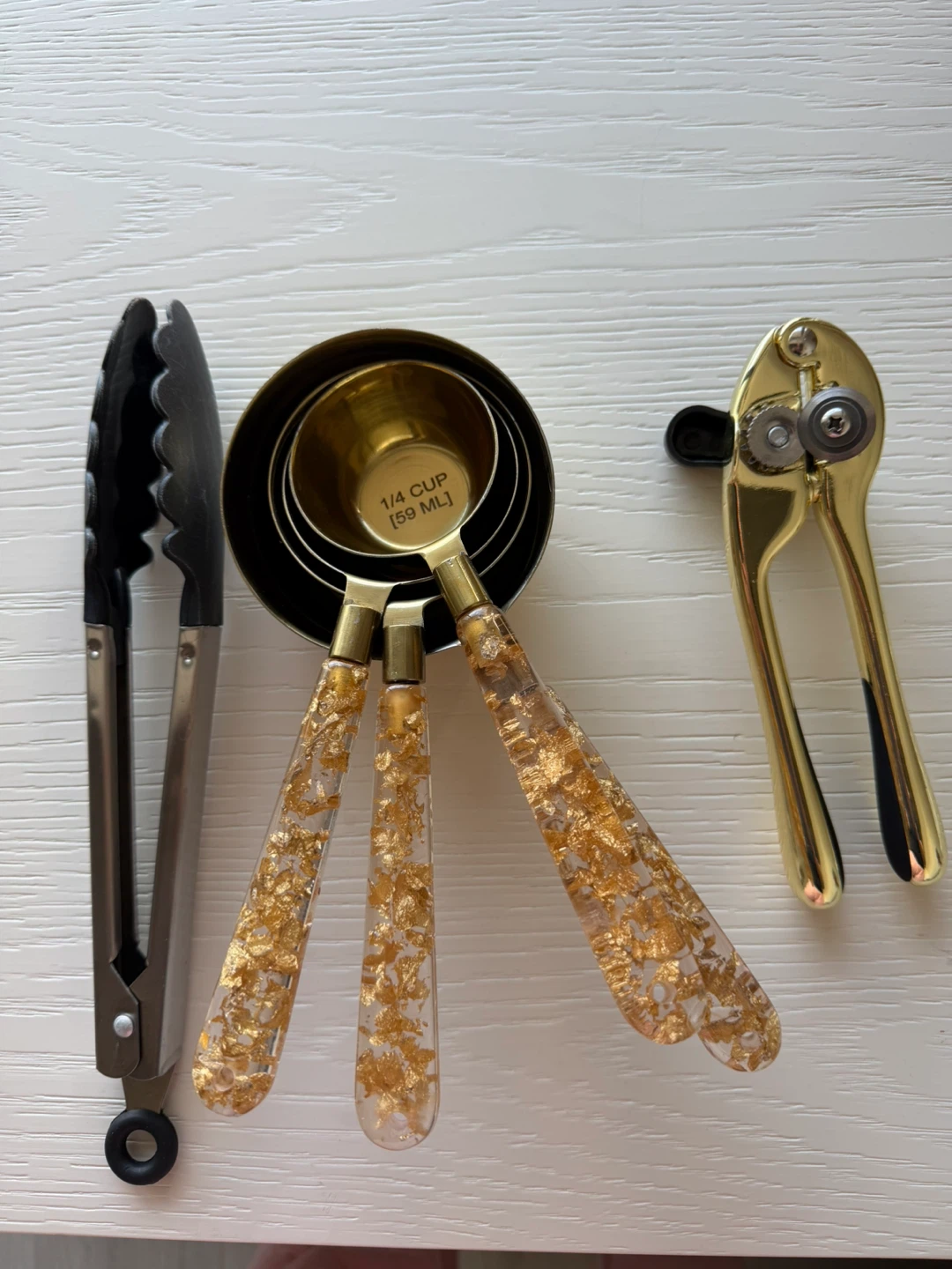 Set of 4 Gold Resin Handle Measuring Spoons and Can Opener
