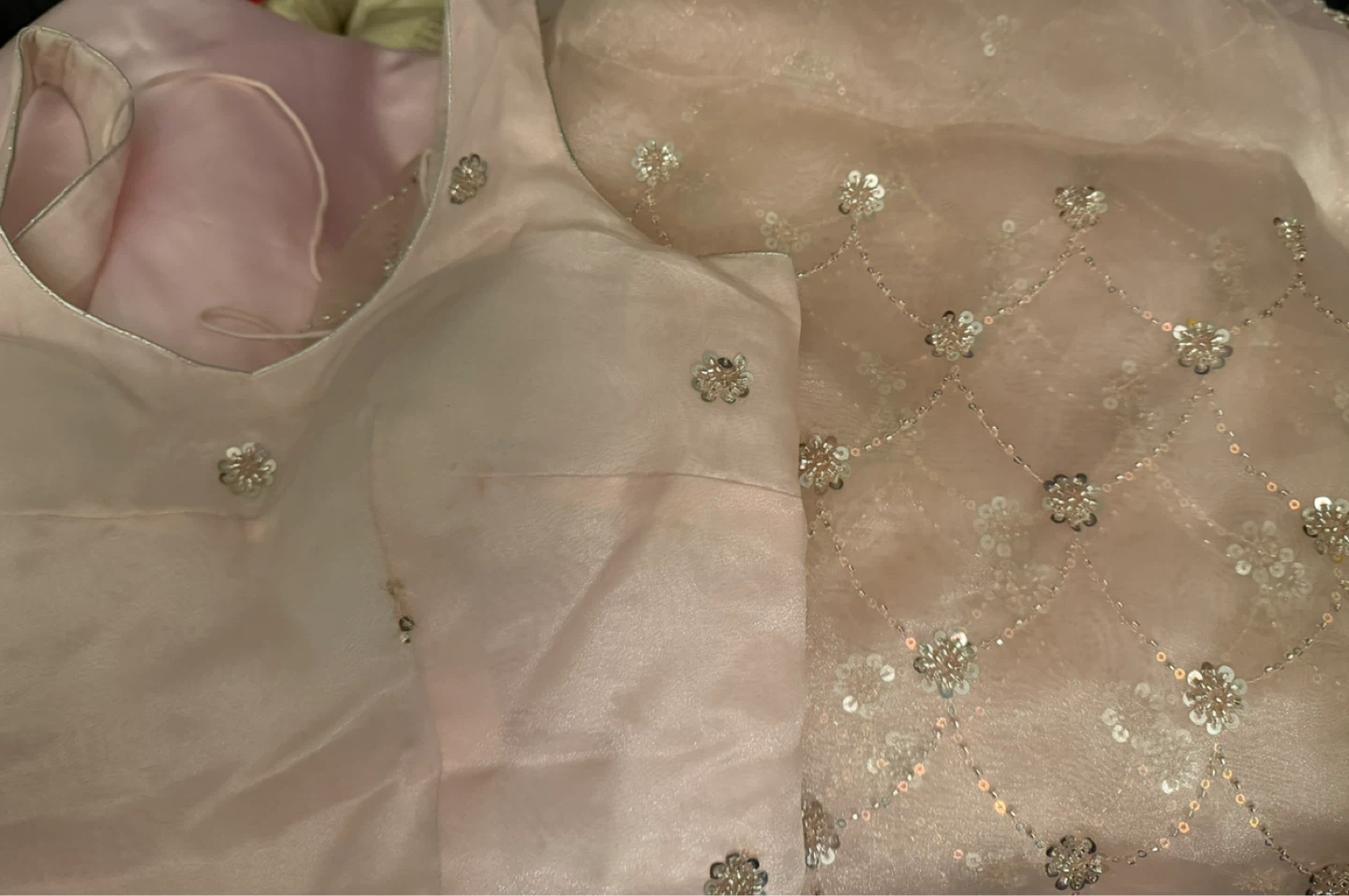 Saree Pink polyester satin with a sheen Blouse and Fabric