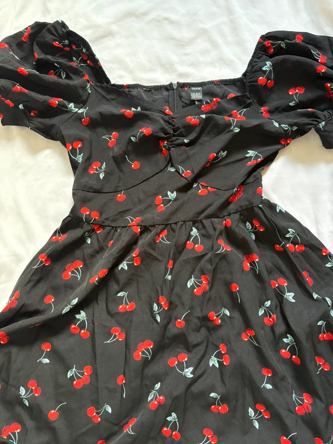 SHEIN Black Cherry Print Puff Sleeve Dress - Size M - photo 2