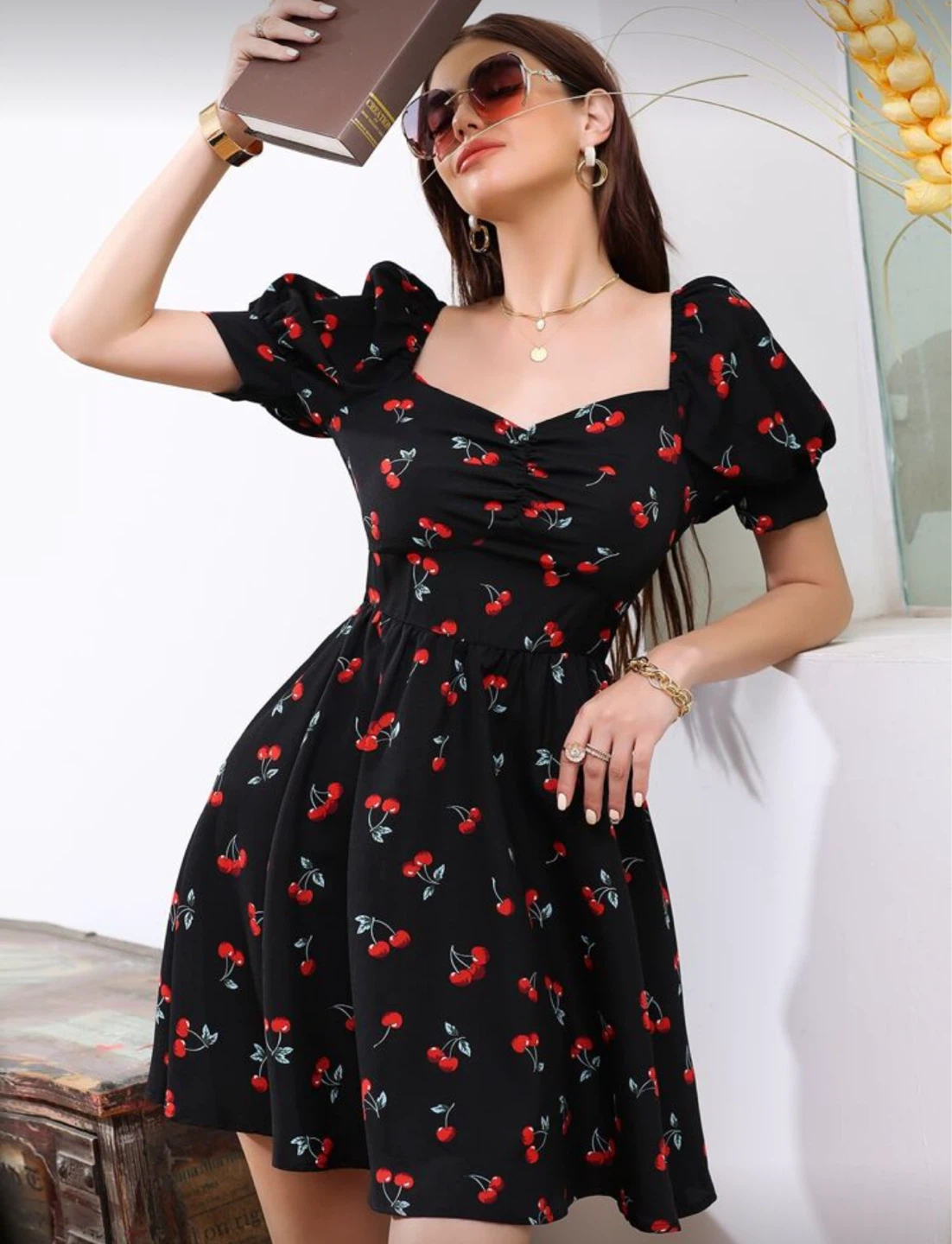SHEIN Black Cherry Print Puff Sleeve Dress - Size M