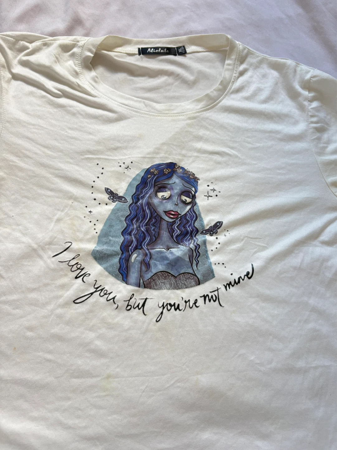 White T-Shirt with Cartoon & Corpse Bride Graphics