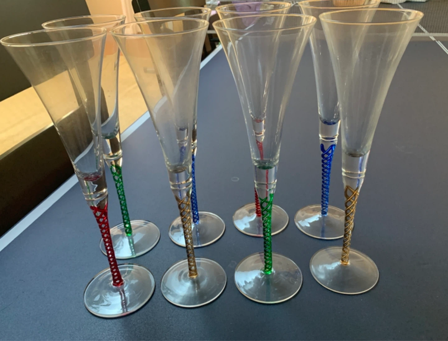 Set of 8 Champagne Flutes with Coloured Stems