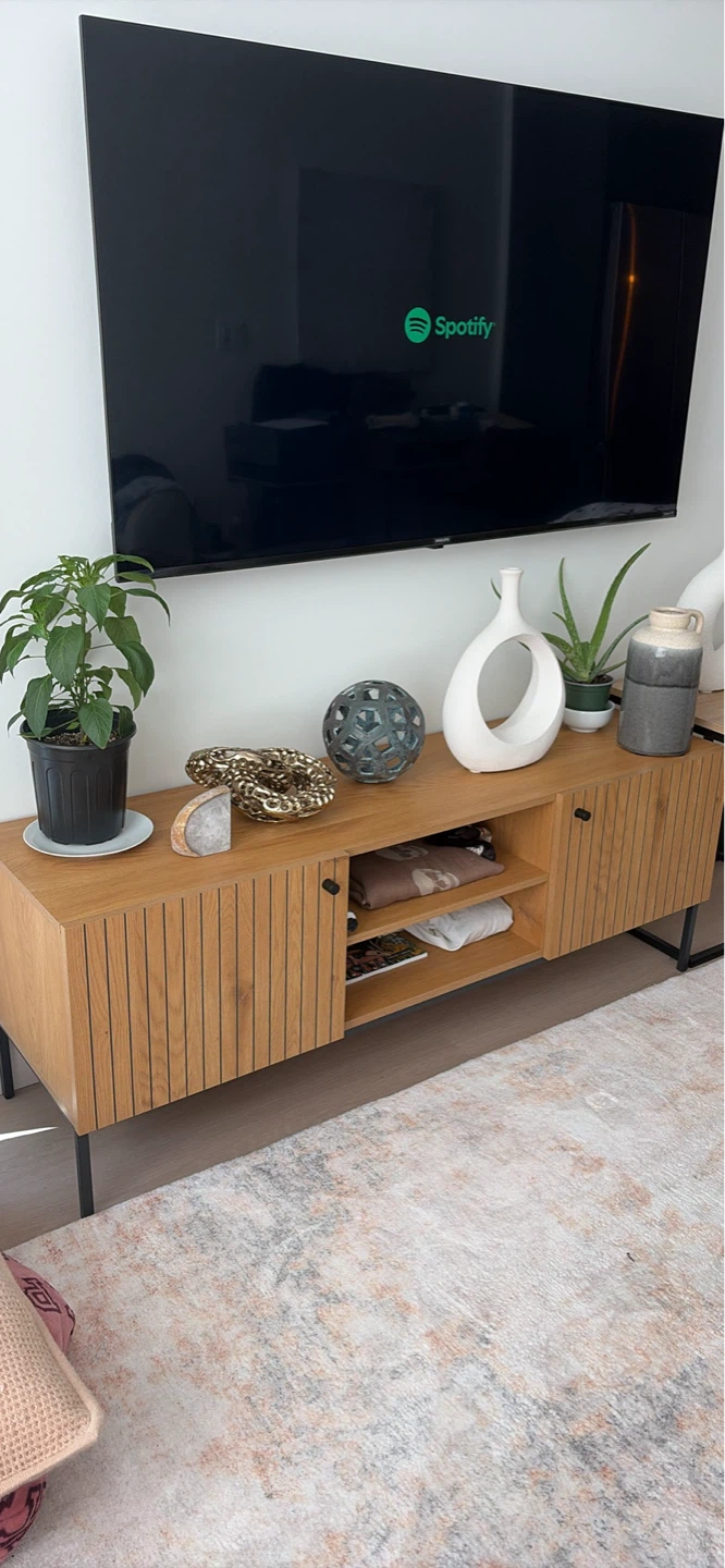 Oak Media Console with Slatted Doors