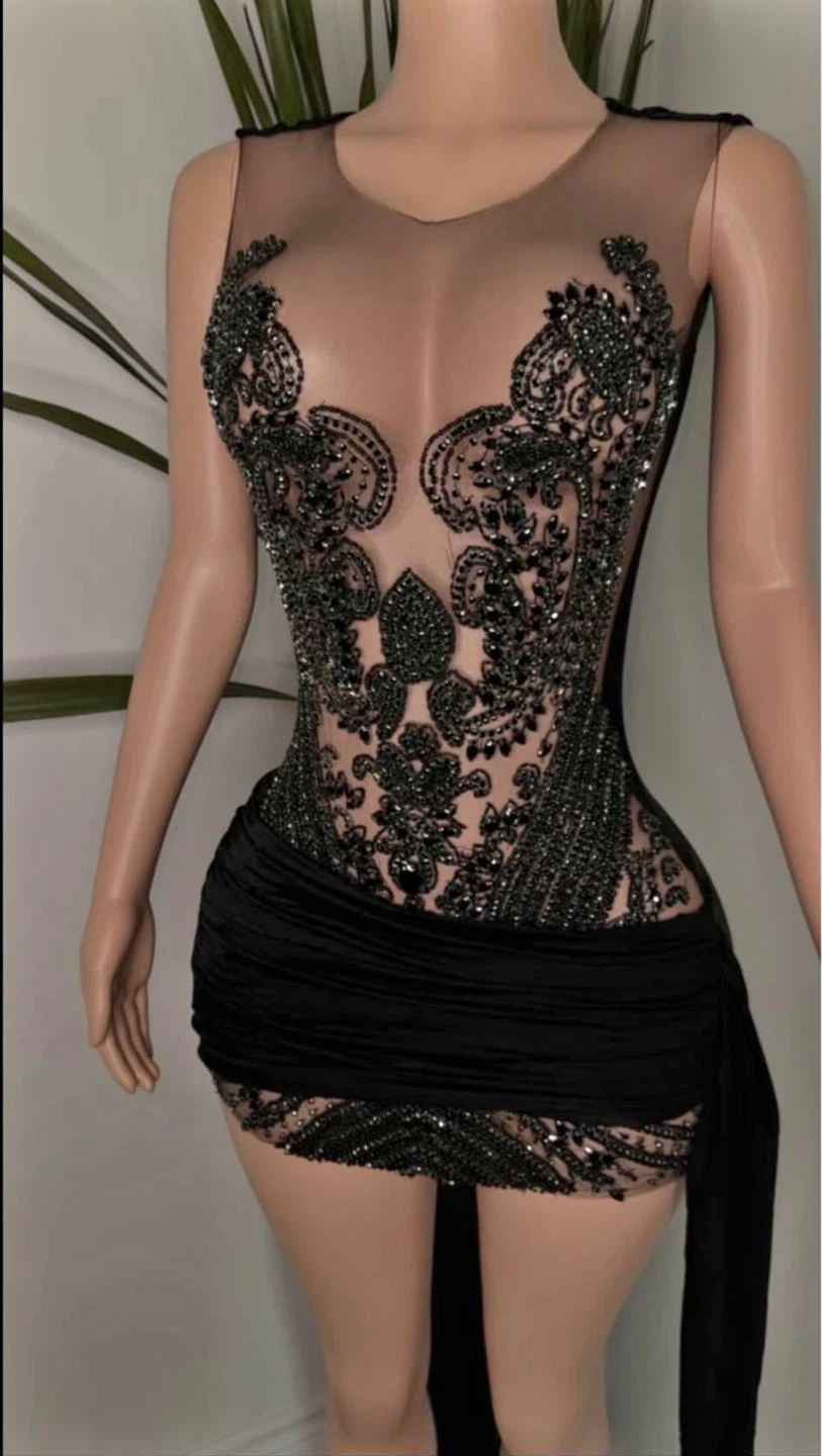 Black Beaded Sheer Bodice Mini Dress - photo 2