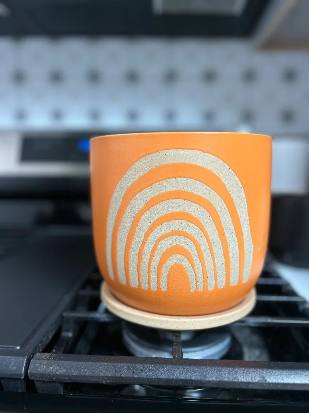 Orange Ceramic Planter Pot with Rainbow Design