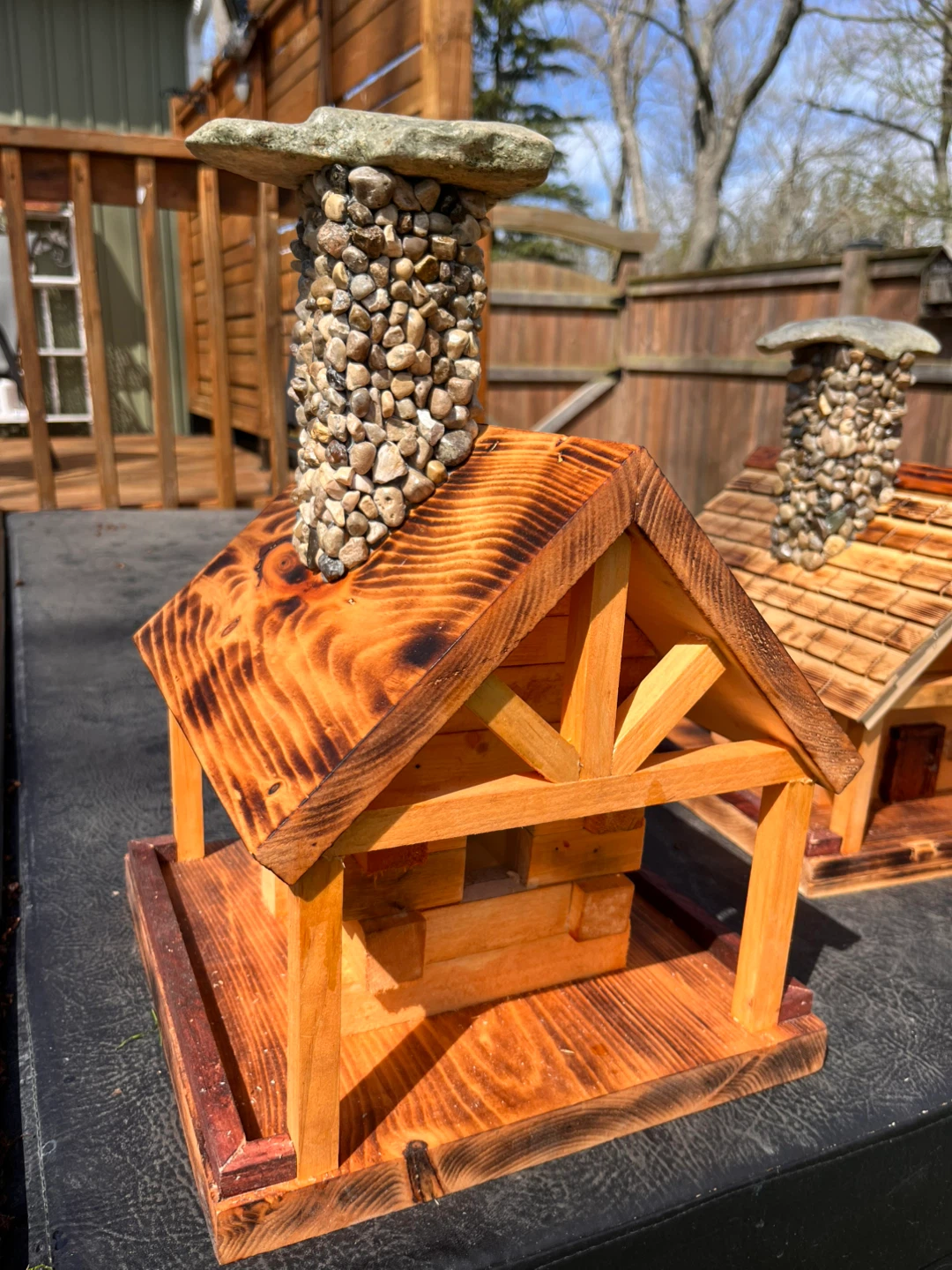 Wooden Bird feeder with Stone Chimney