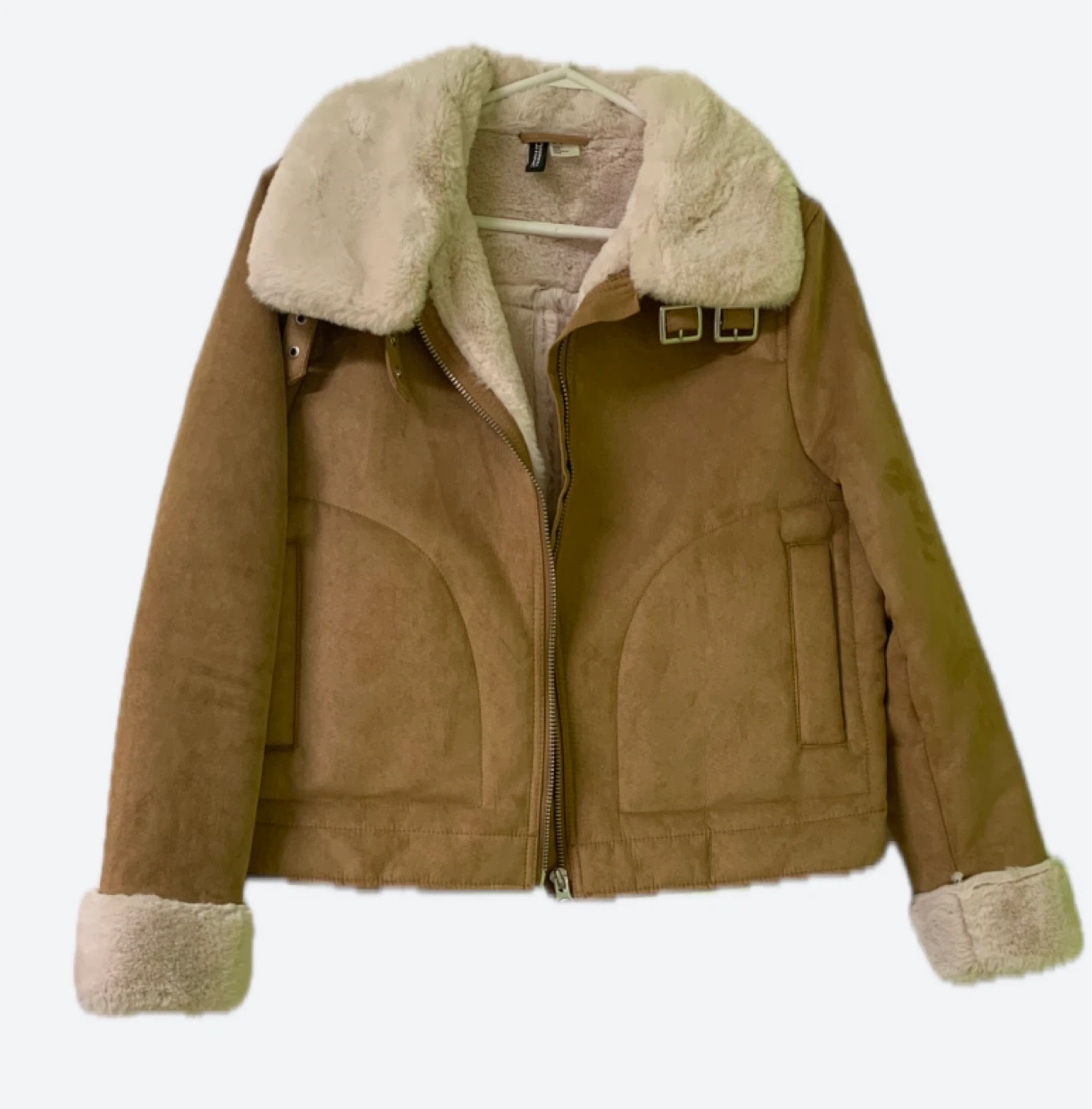 H&M Brown Faux Suede Aviator Jacket with Sherpa Collar