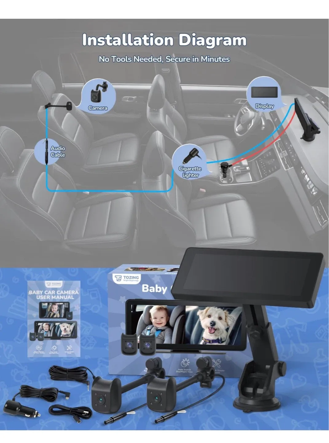 Baby Car Camera System 6.86" Split Screen Dual Camera B2C - photo 5