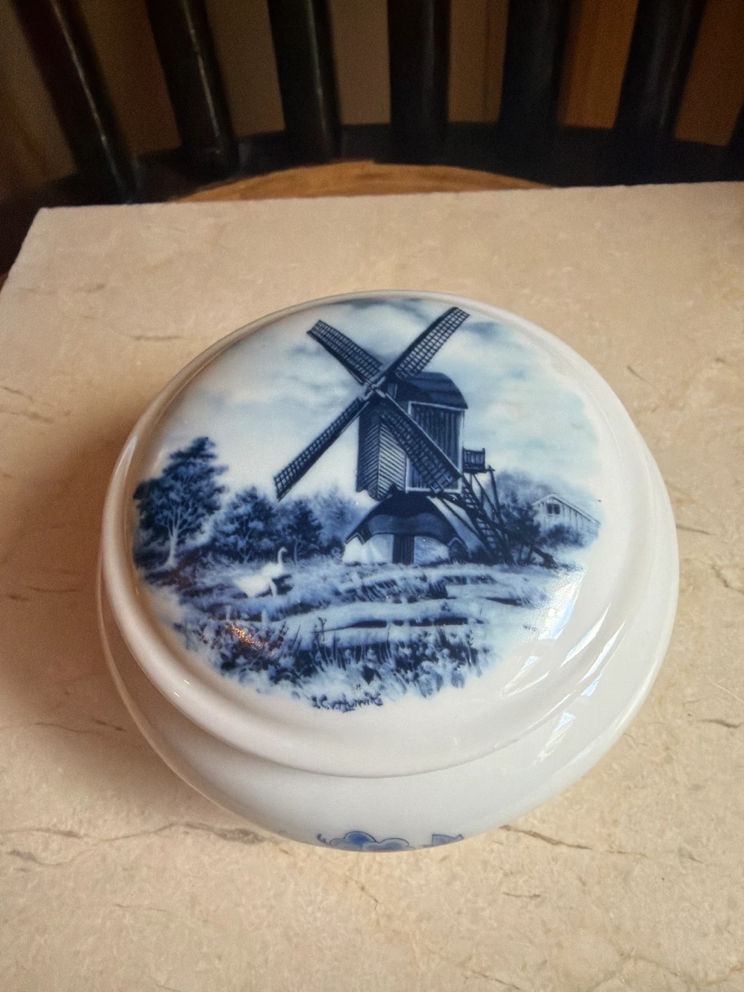 DELFT Porcelain Trinket Box with Windmill Scene