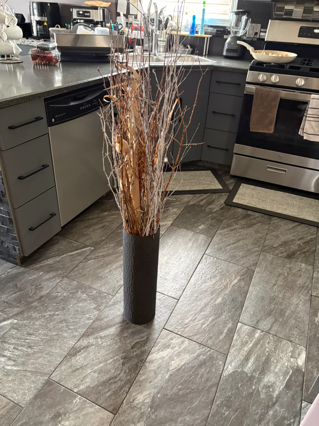 Tall Black Textured Vase with Decorative Branches