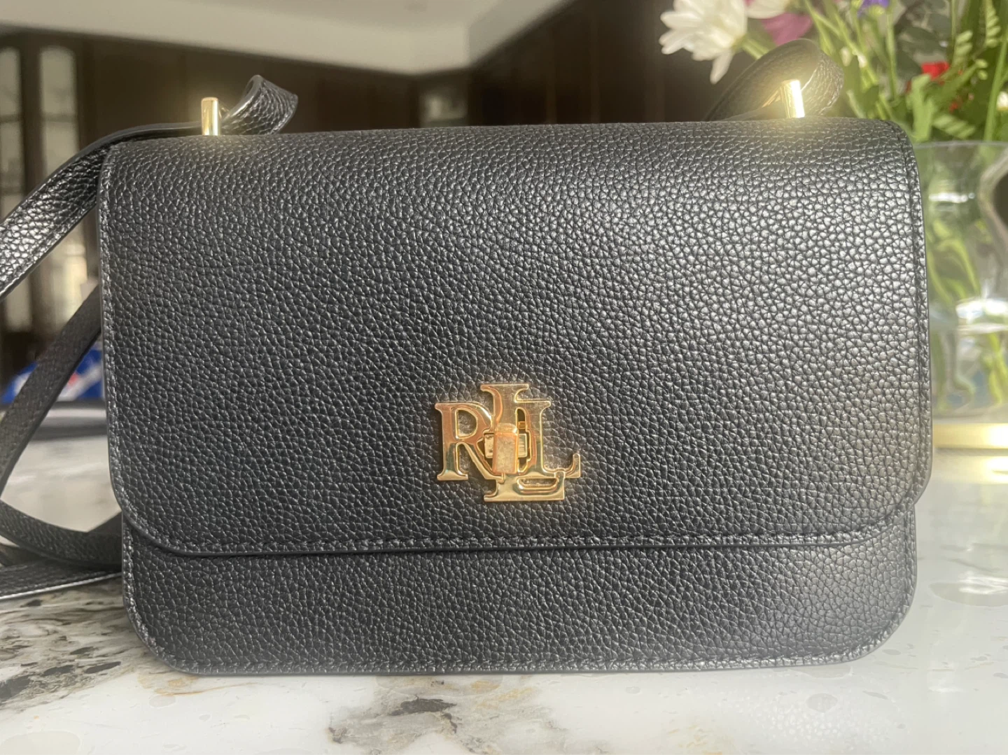 Lauren Ralph Lauren Black Leather Flap Crossbody Bag