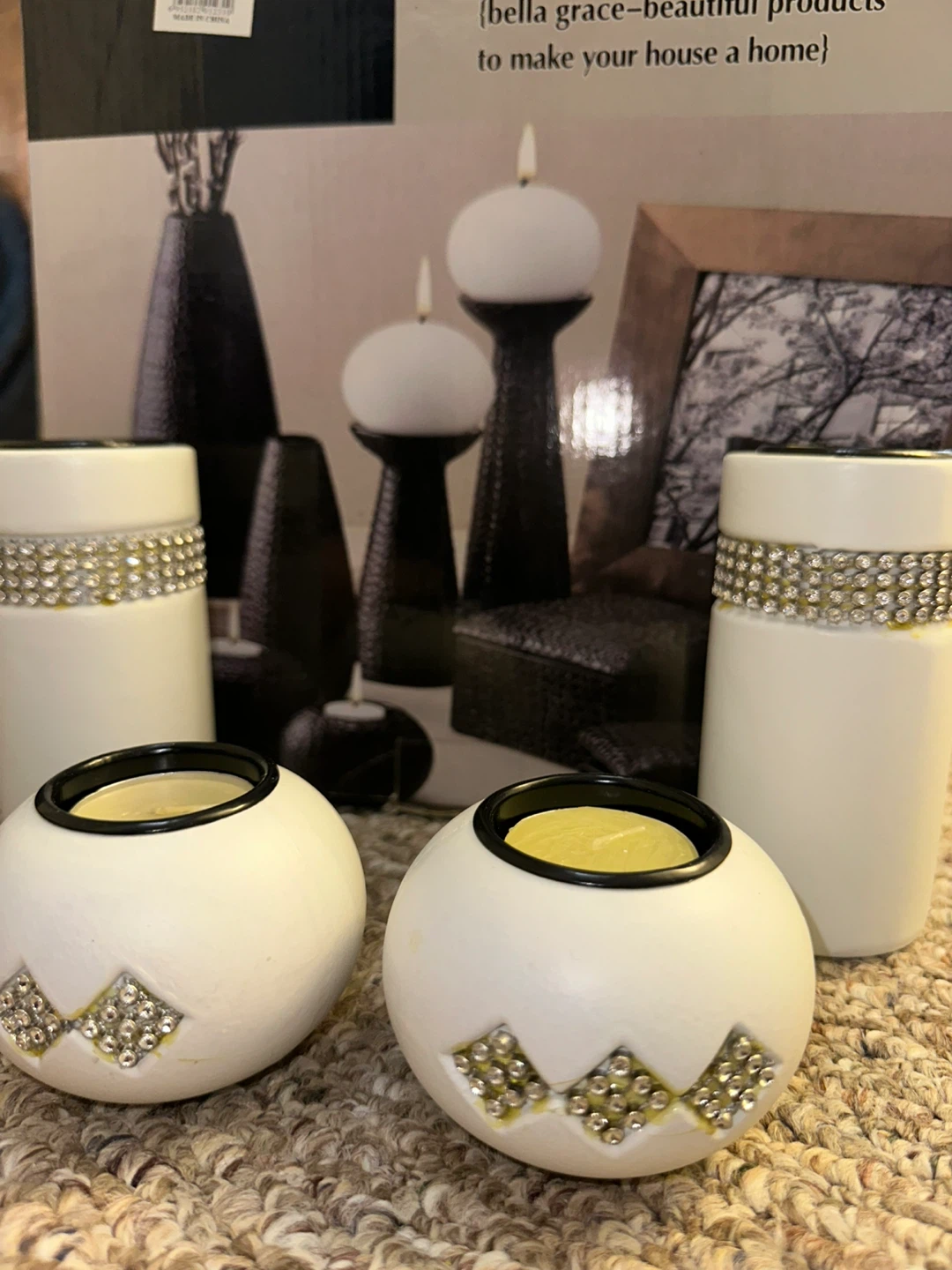 White Votive Candle Holders with Rhinestones (Set of 4)
