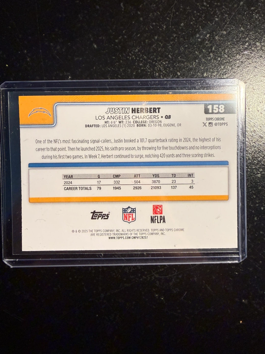 2025 Topps Chrome Justin Herbert QB Football Card - photo 2