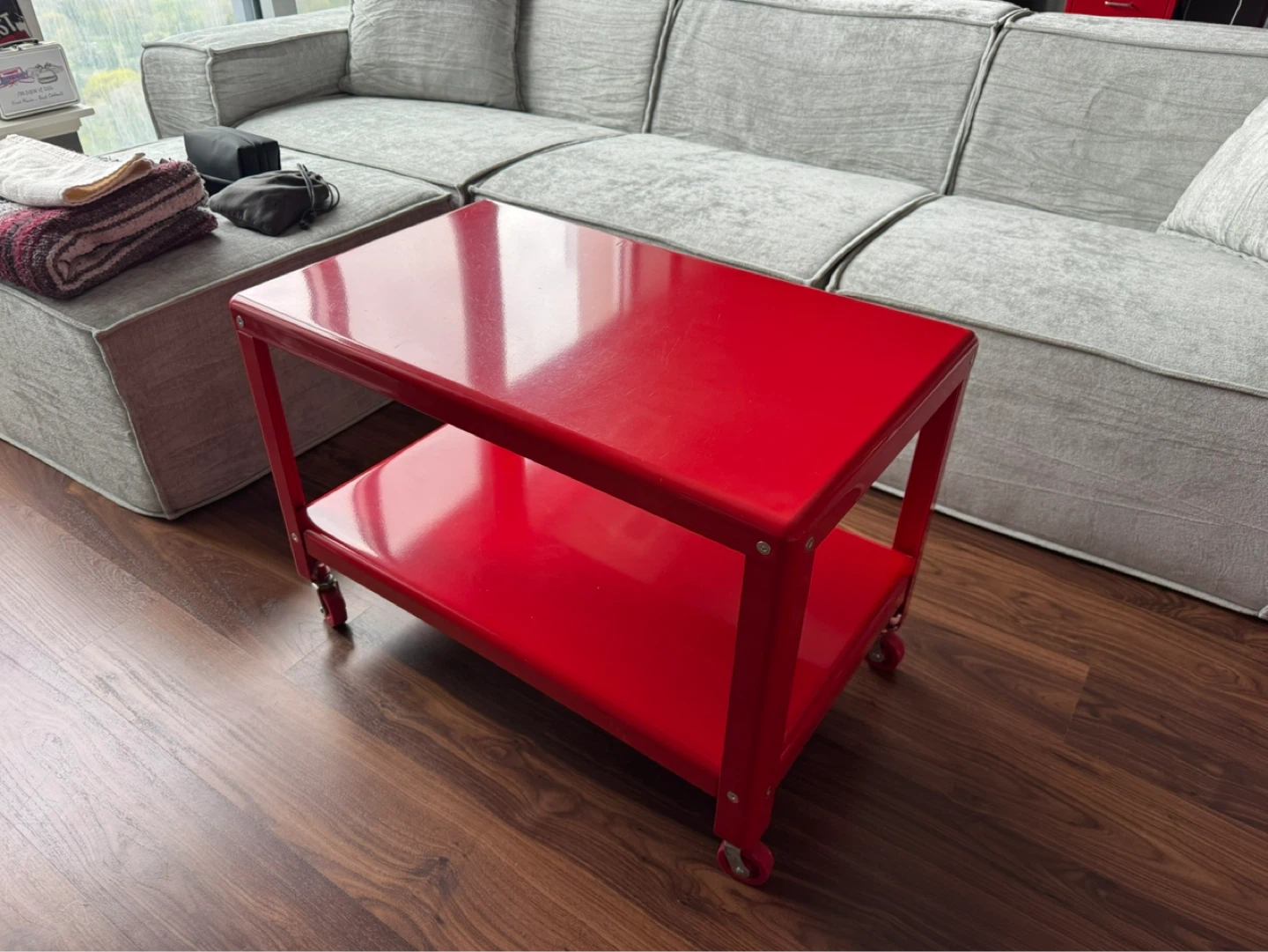 Red Two-Tier Rolling Cart Coffee Table