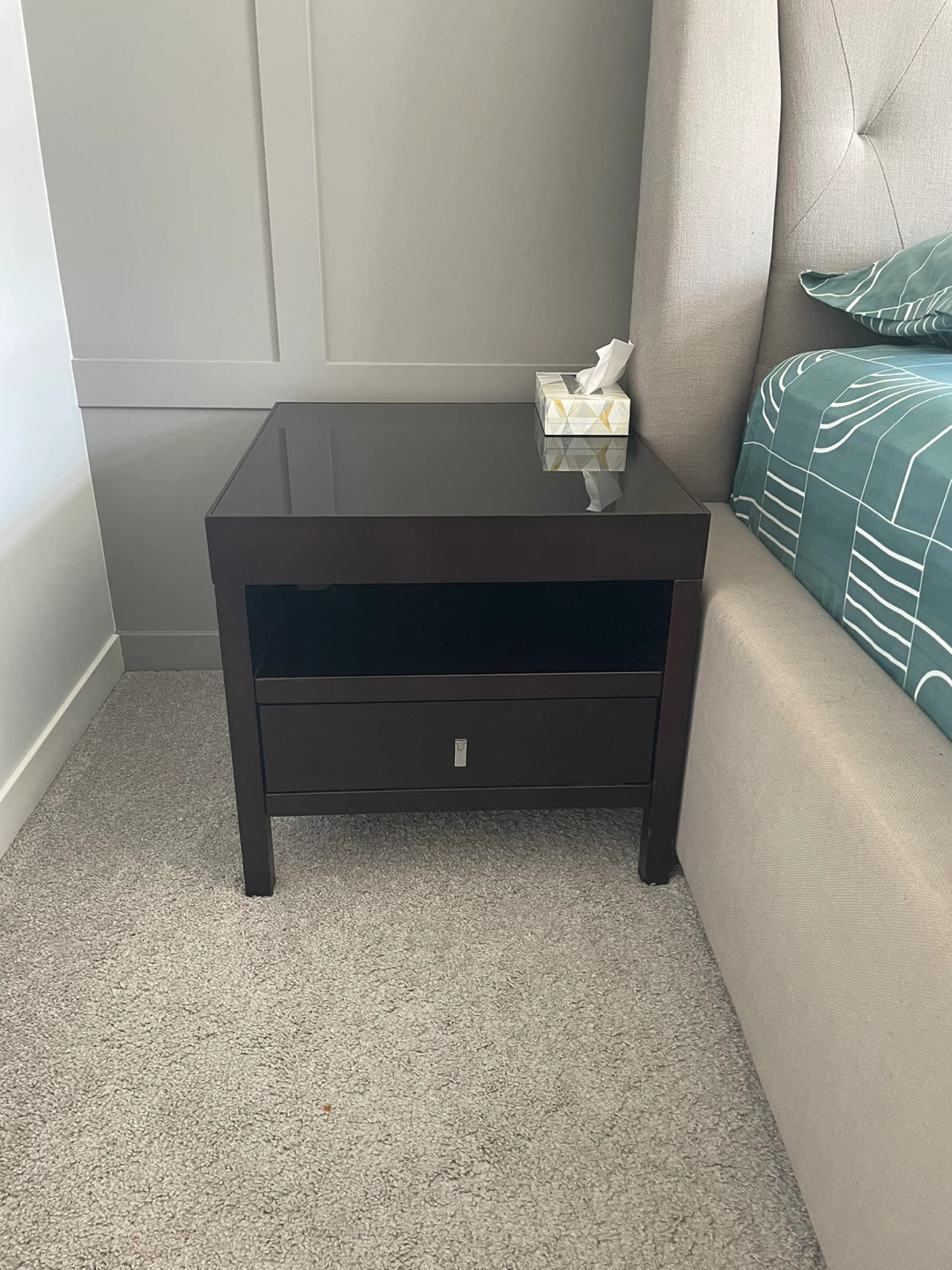 Dark Brown Nightstand with Drawer and Shelf