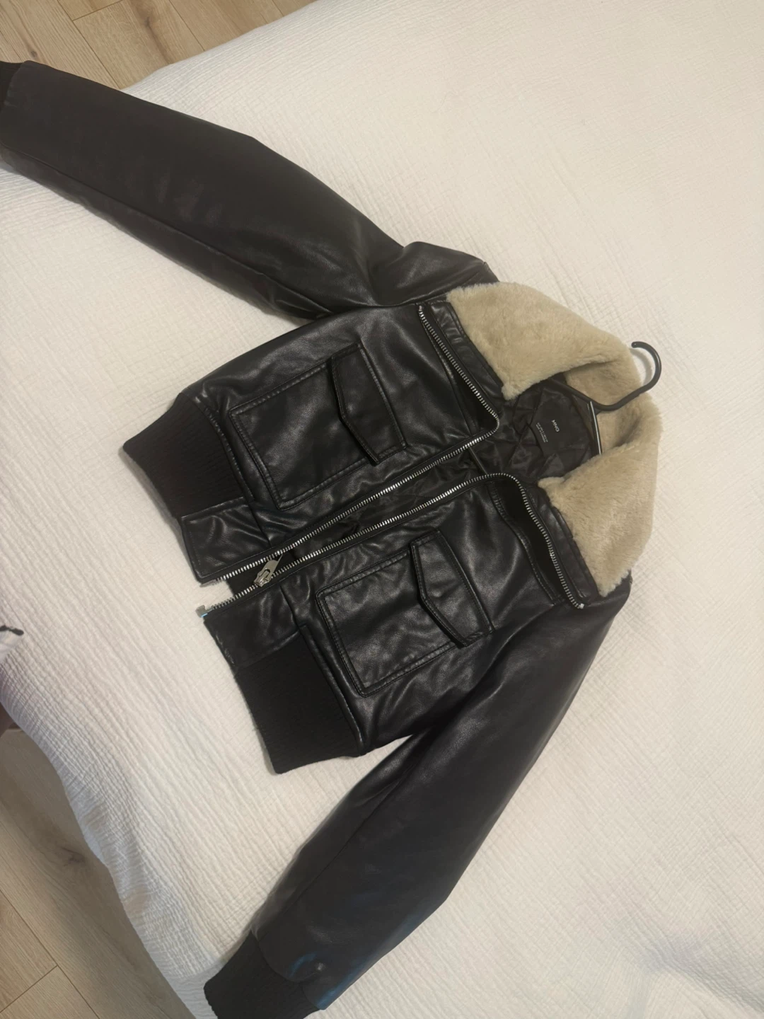 MNG Black Faux Leather Bomber Jacket with Fur Collar - Size S