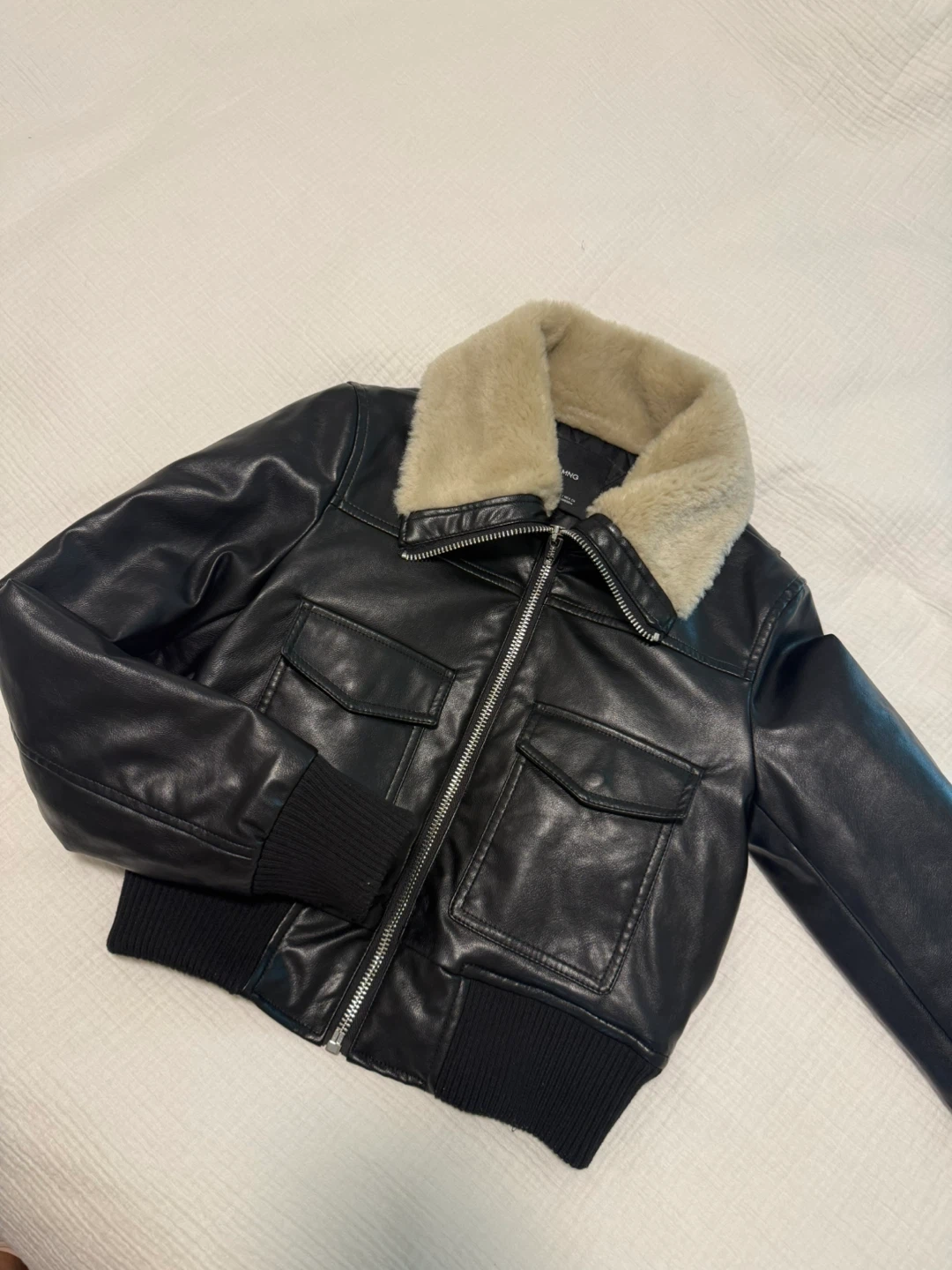 MNG Black Faux Leather Bomber Jacket with Fur Collar - Size S - photo 3