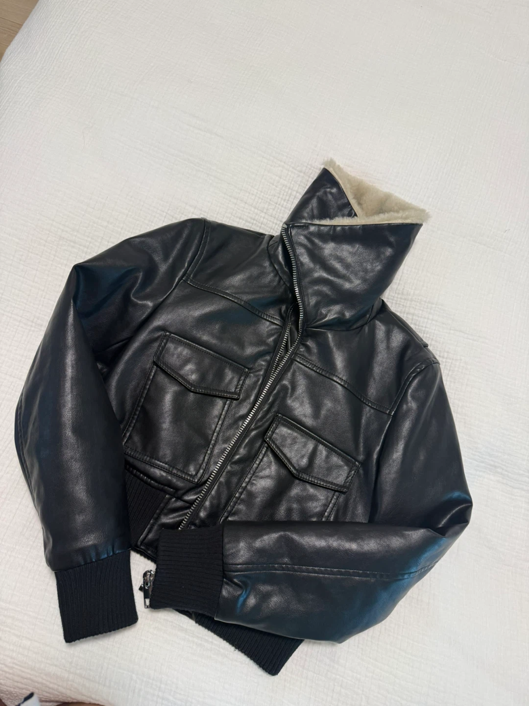 MNG Black Faux Leather Bomber Jacket with Fur Collar - Size S - photo 2