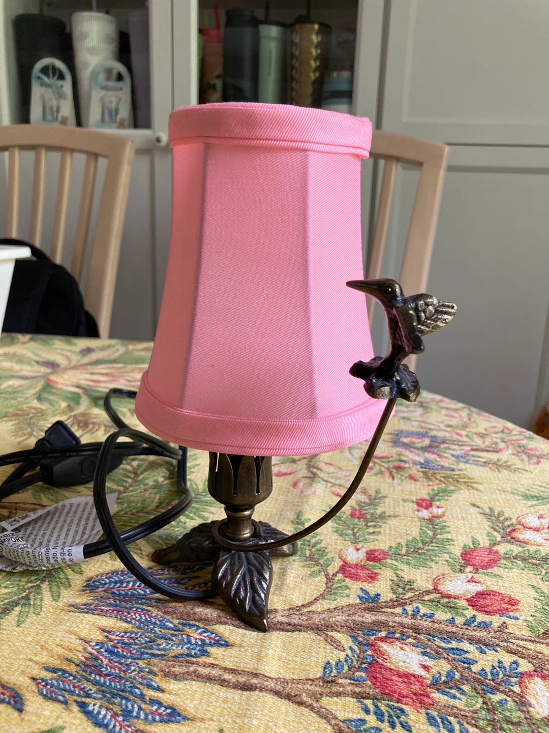 Table Lamp with Pink Shade and Bird Accent