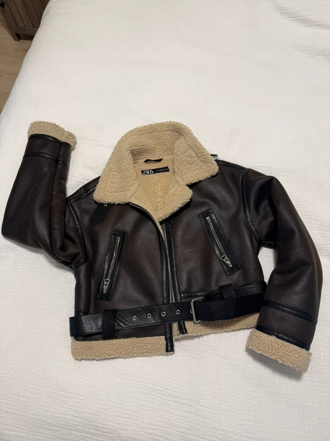 Zara Brown Faux Leather Aviator Jacket with Shearling Collar - photo 4