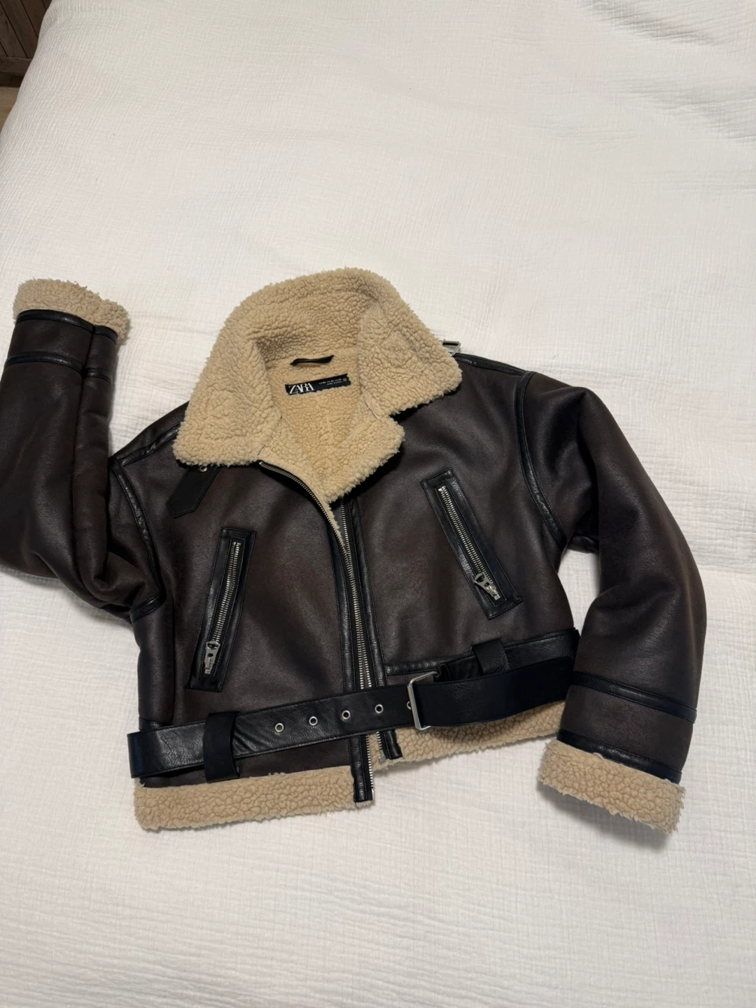 Zara Brown Faux Leather Aviator Jacket with Shearling Collar - photo 3