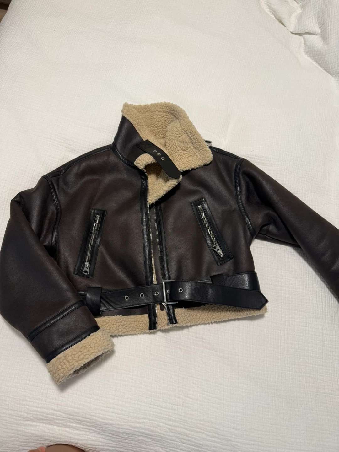 Zara Brown Faux Leather Aviator Jacket with Shearling Collar