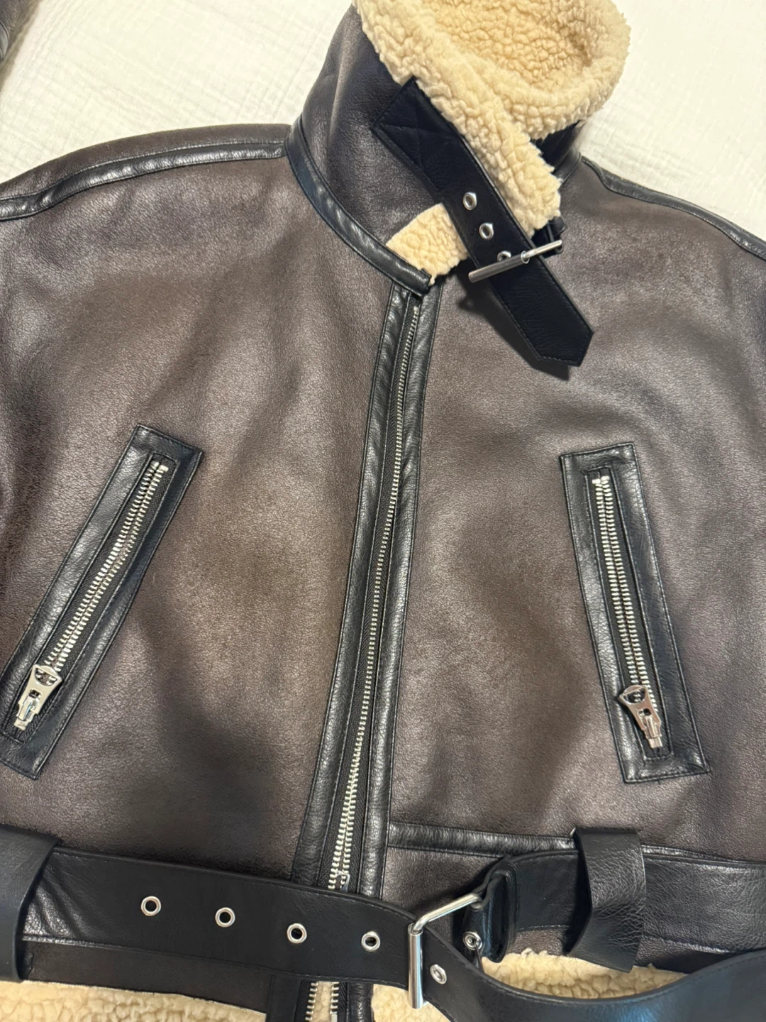 Zara Brown Faux Leather Aviator Jacket with Shearling Collar - photo 5