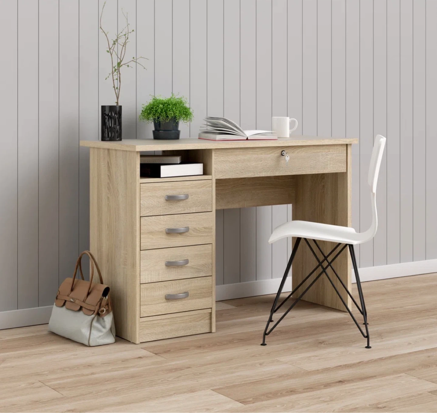 Light Oak Effect Desk with Drawers