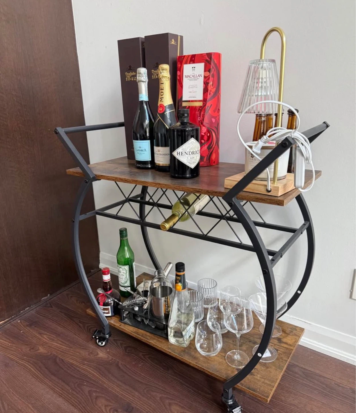 Rustic Wood and Metal Bar Cart with Wheels - photo 2
