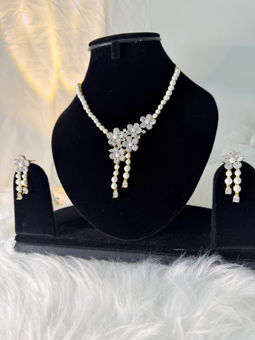 Pearl and Crystal Flower Necklace and Earring Set