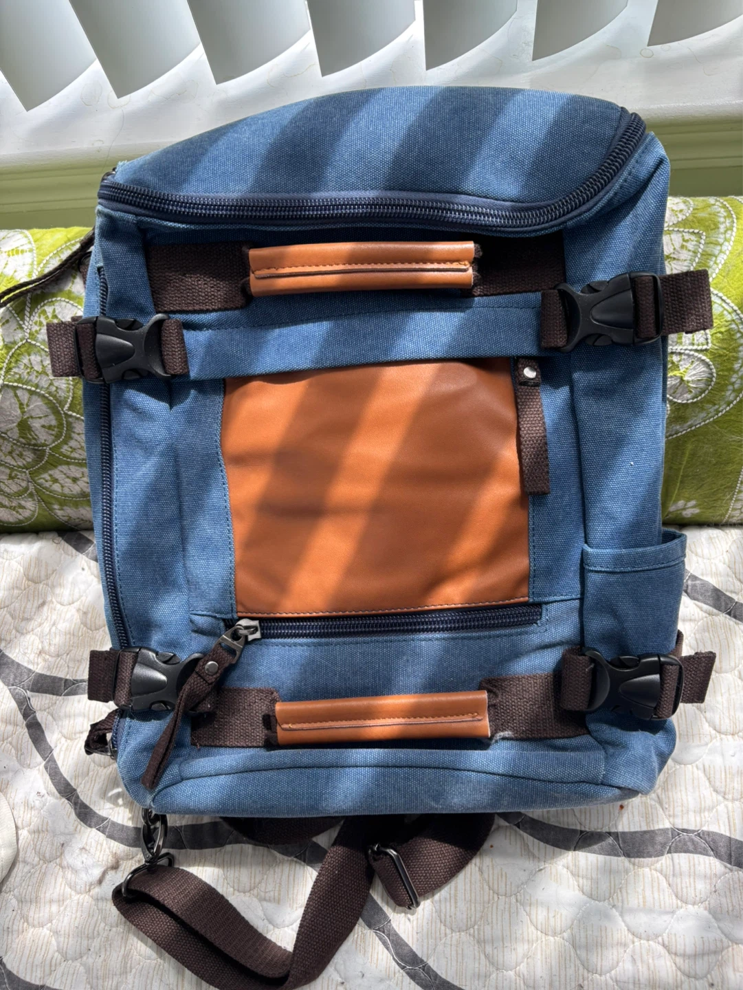 Blue Canvas Backpack with Brown Leather Accents