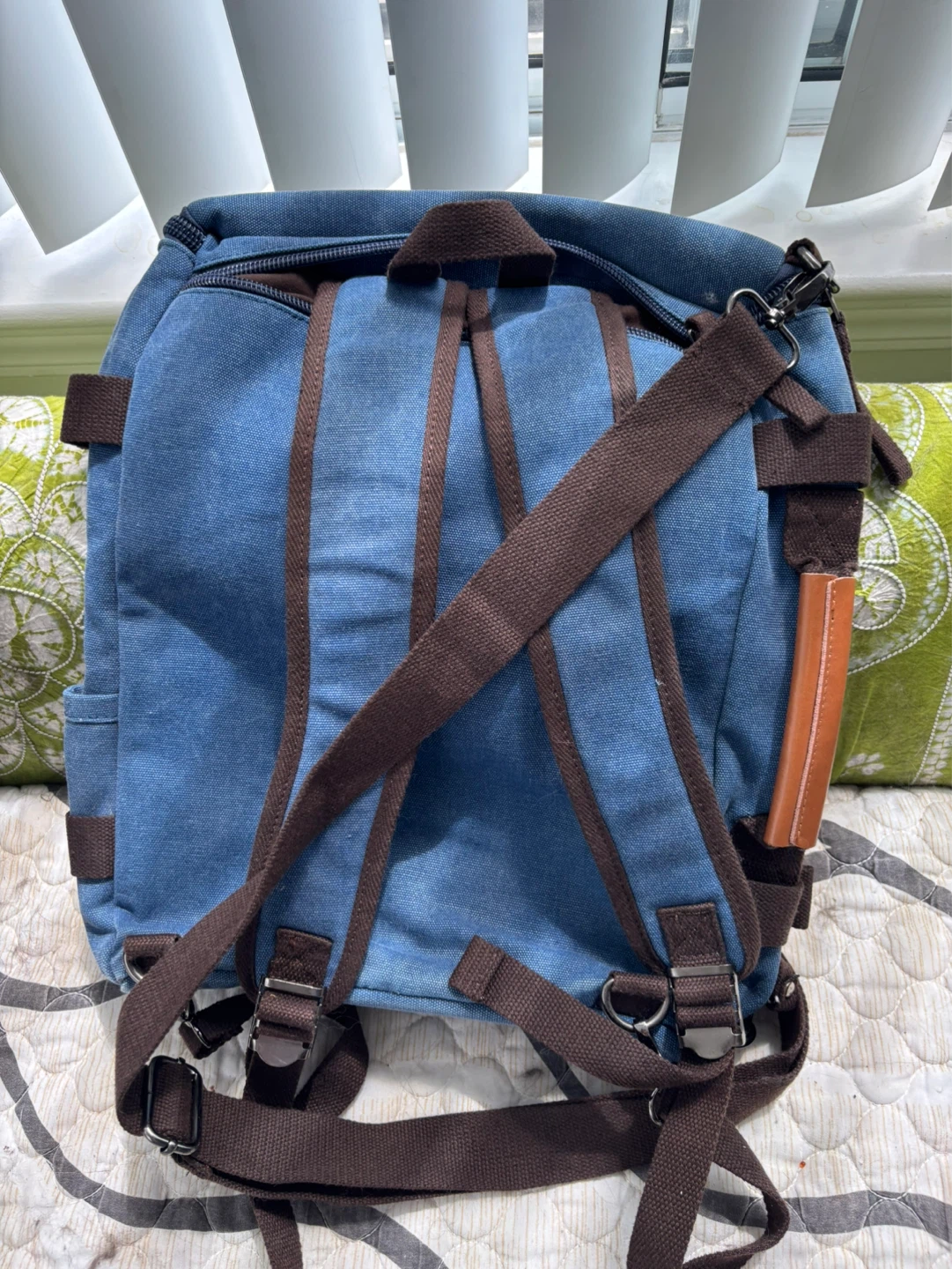 Blue Canvas Backpack with Brown Leather Accents - photo 2
