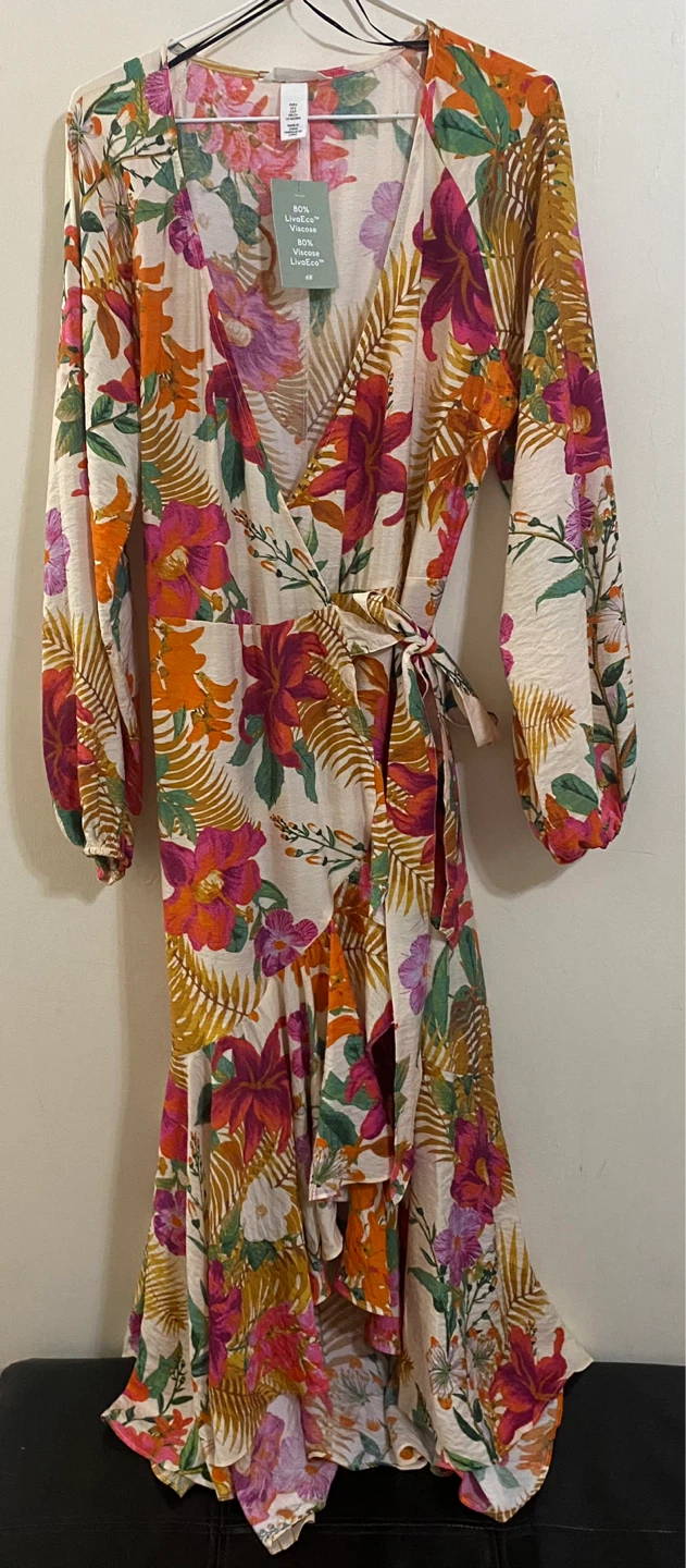 H&M Floral Print Long Sleeve Wrap Dress - Size S