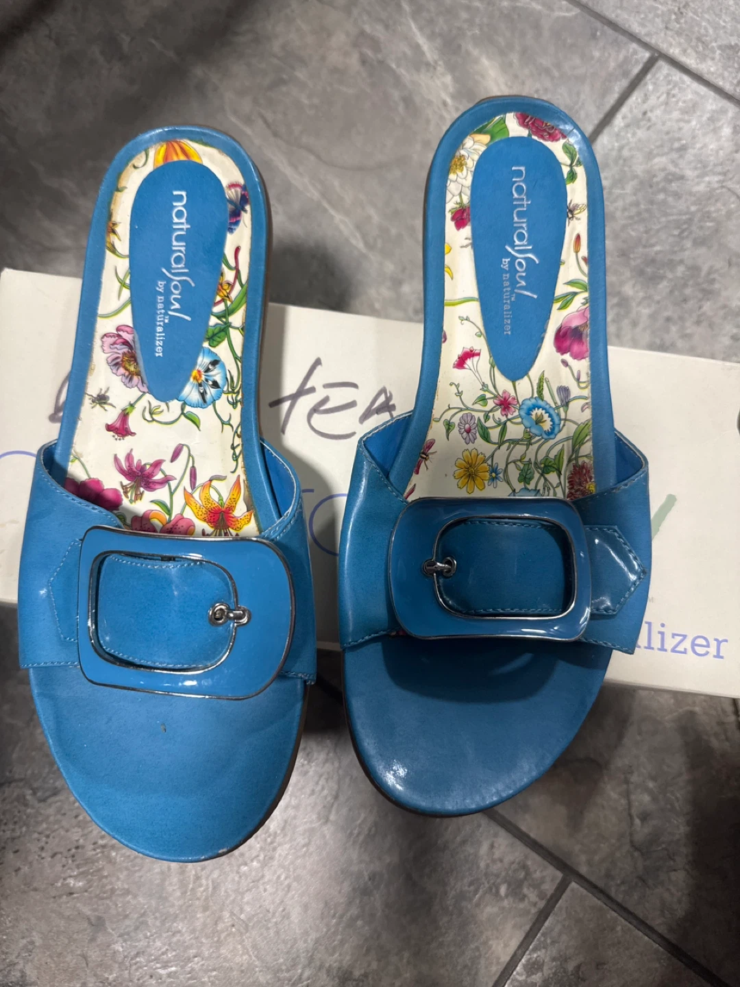 Natural Soul Blue Slide Sandals with Buckle - Women's Size 8