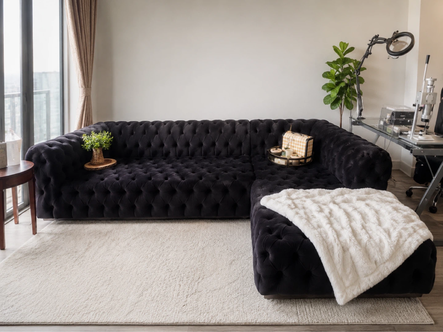 Black Velvet Tufted Sectional Sofa with Ottoman